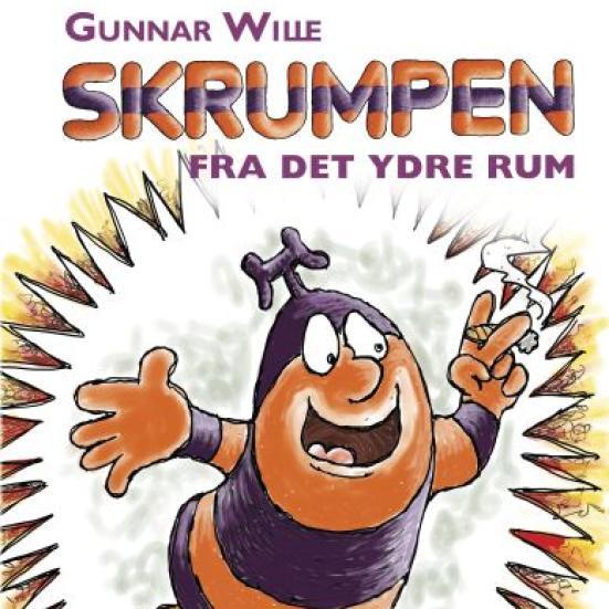 Bogforside af "Skrumpen fra det ydre rum" med et stribet fantasivæsen 