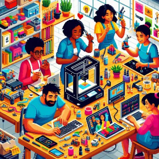 Folk arbejder med maskiner ved et bord.