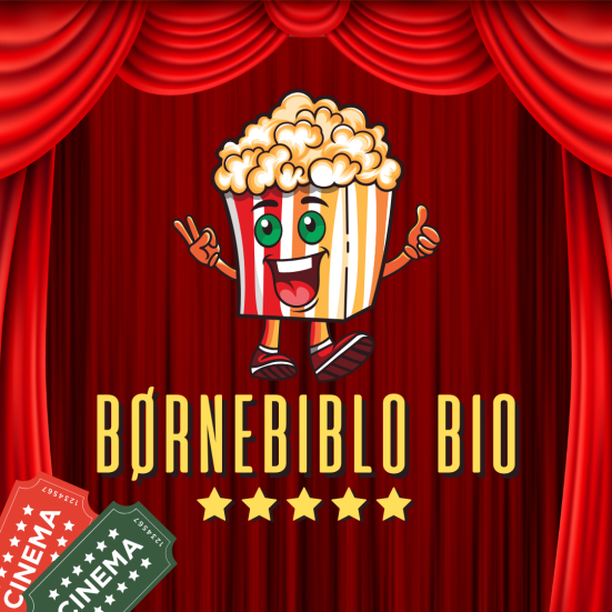 Logo for Børnebiblo Bio med et popcornbæger foran et biograflærred