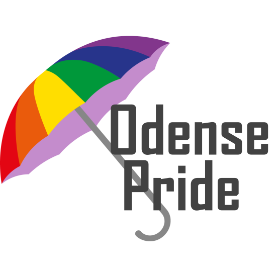 Foreningen Odense Prides Logo. Regnbuefarvet paraply med teksten Odense Pride under. 
