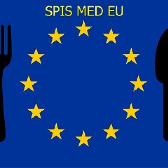 EU-flaget med overskriften Spis med EU og kniv og gaffel på hver side af stjernerne