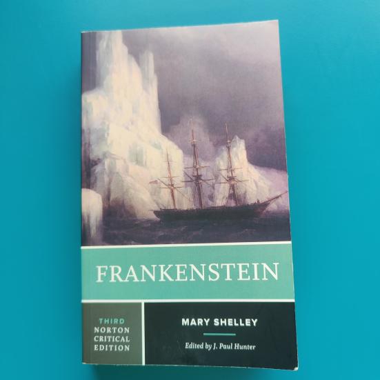 Forsiden af "Frankenstein" med et skib og isbjerge i baggrunden.