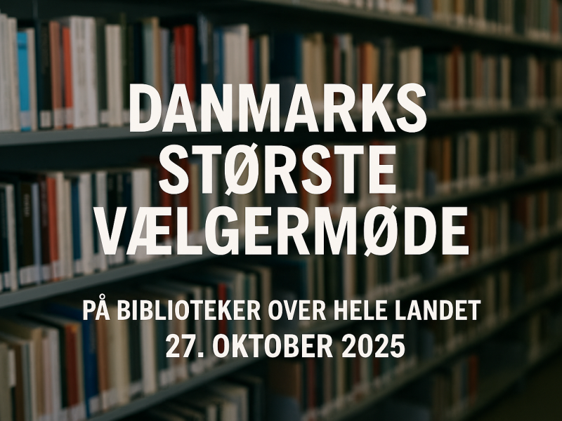 Bibliotekshylde med information om Danmarks største vælgermøde