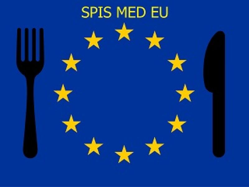 EU-flaget med overskriften Spis med EU og kniv og gaffel på hver side af stjernerne