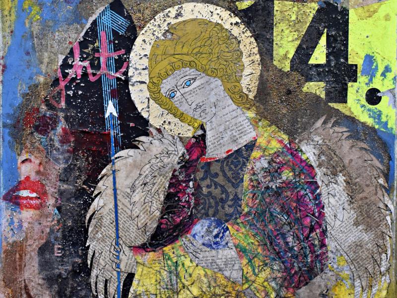 Collage og akryl maleri af bl.a. engel. 