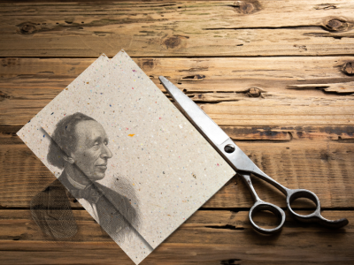 Papir, saks og et billede af H.C. Andersen