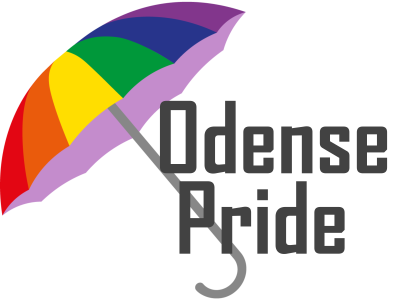 Foreningen Odense Prides Logo. Regnbuefarvet paraply med teksten Odense Pride under. 