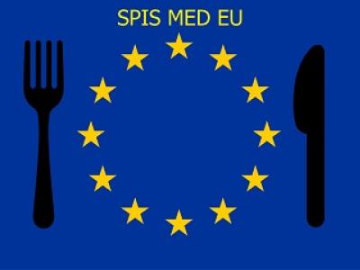 EU-flaget med overskriften Spis med EU og kniv og gaffel på hver side af stjernerne