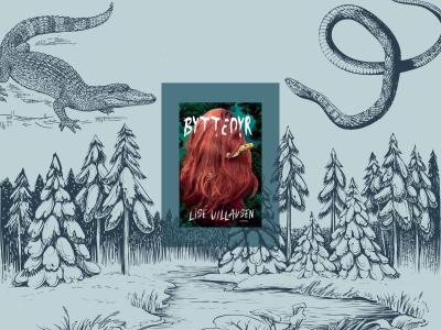 Forsidebillede fra "Byttedyr" af Lise Villadsen samt illustrationer af en skov, en alligator og en slange.