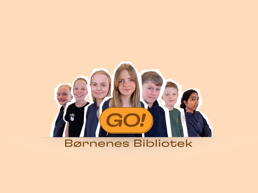 Billede af børn og teksten GO! Børnenes Bibliotek