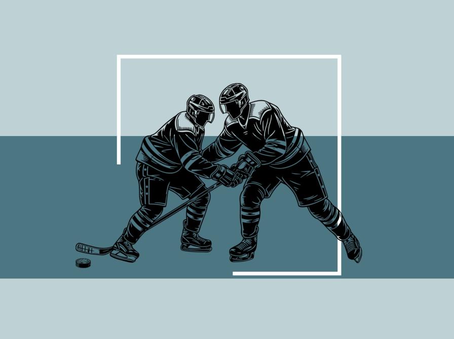 Grafik af to ishockeyspillere i kamp på isen.